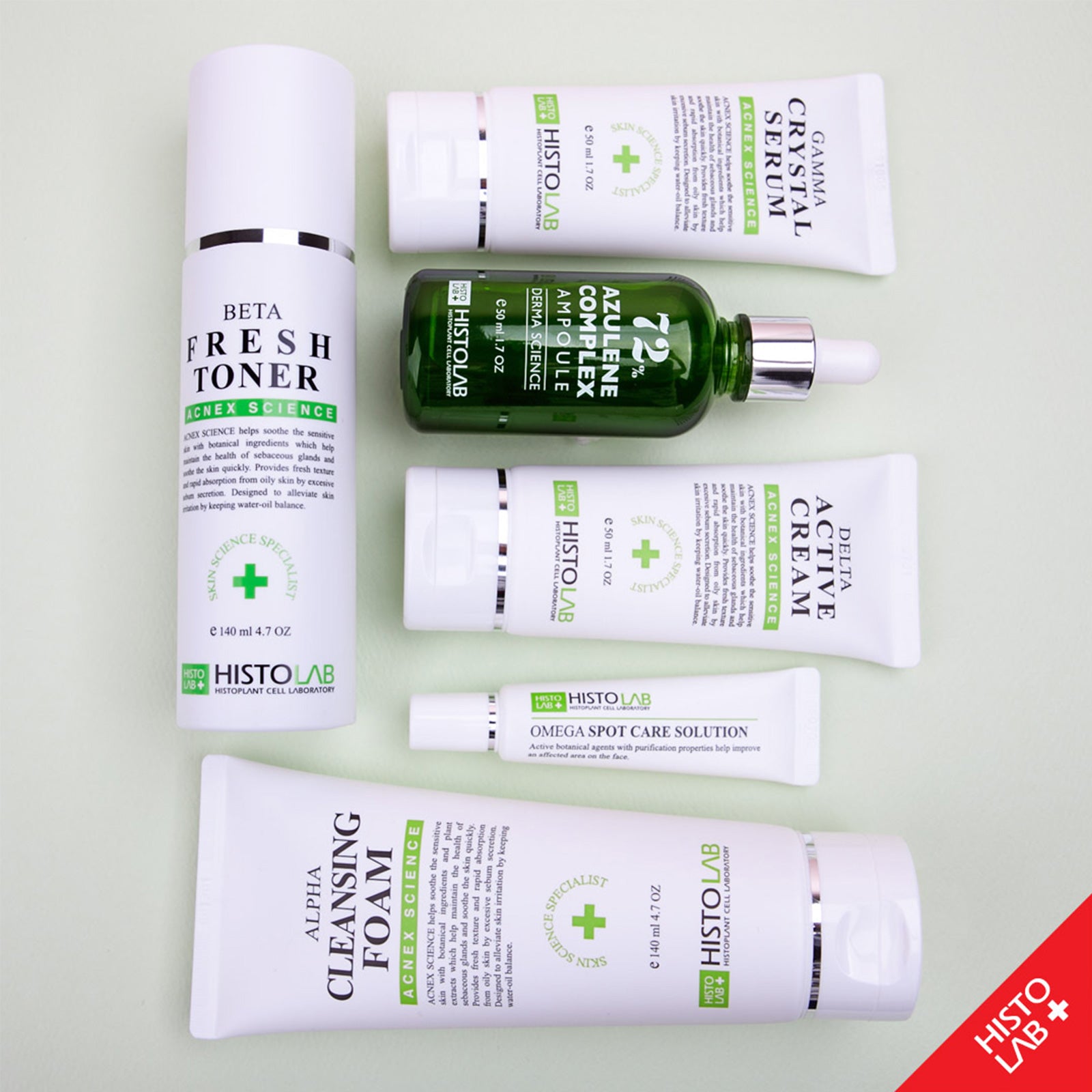 HistoLab Acnex Science skincare set with azulene complex ampoule, alpha cleansing foam, beta fresh toner, delta active cream, gamma crystal serum, and omega spot care solution