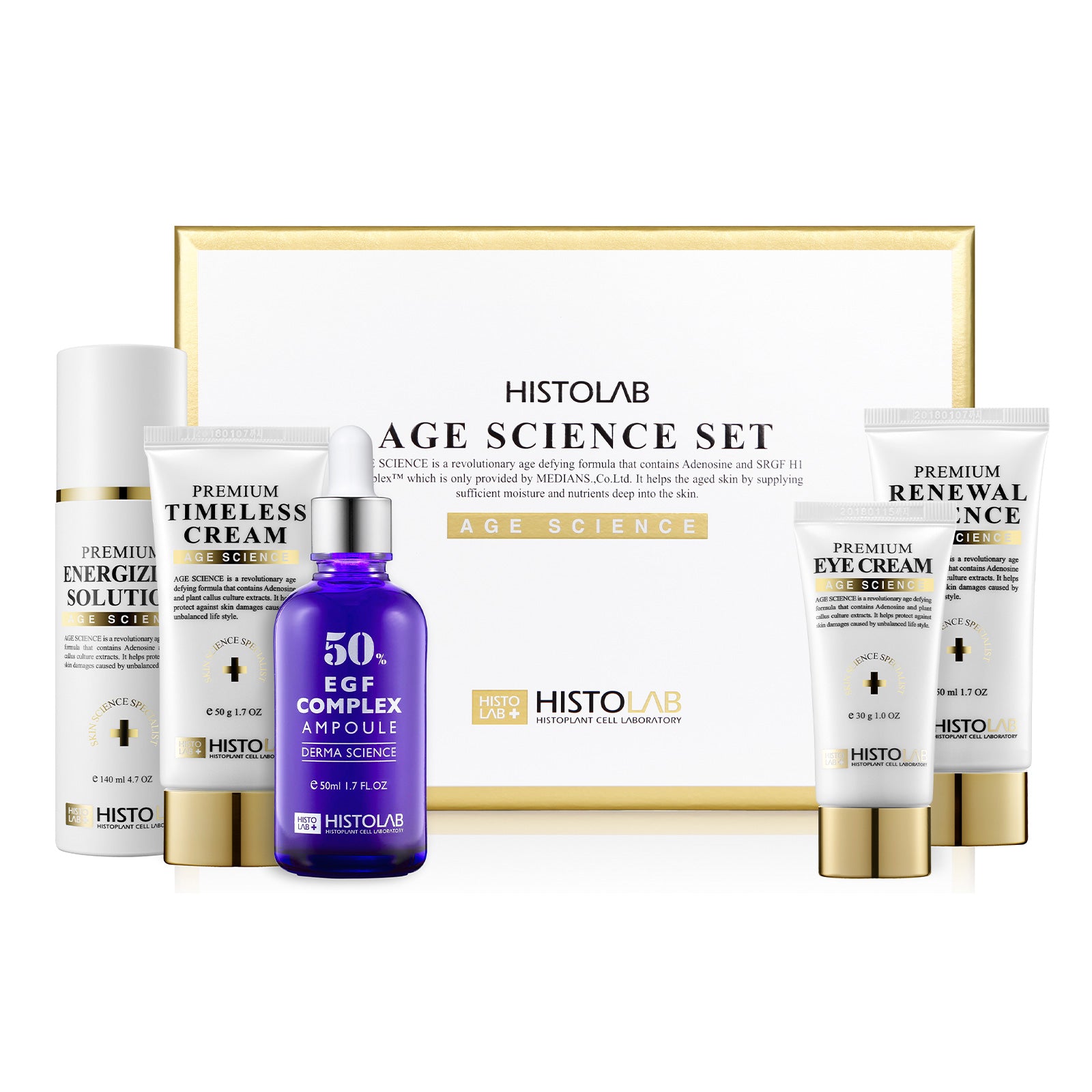 HistoLab Age Science Set with HistoLab Age Science skincare set with EGF complex ampoule, premium timeless cream, premium eye cream, premium renewal cream, and premium energizing solution