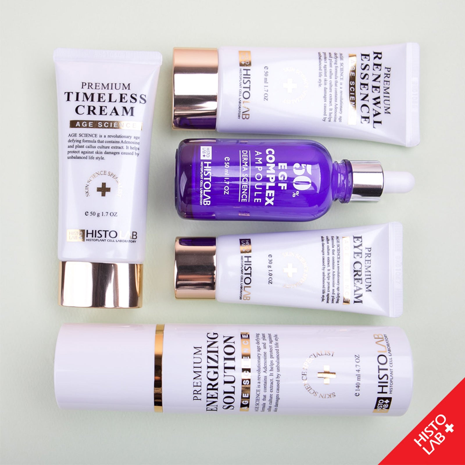 HistoLab Age Science skincare set with EGF complex ampoule, premium timeless cream, premium eye cream, premium renewal cream, and premium energizing solution