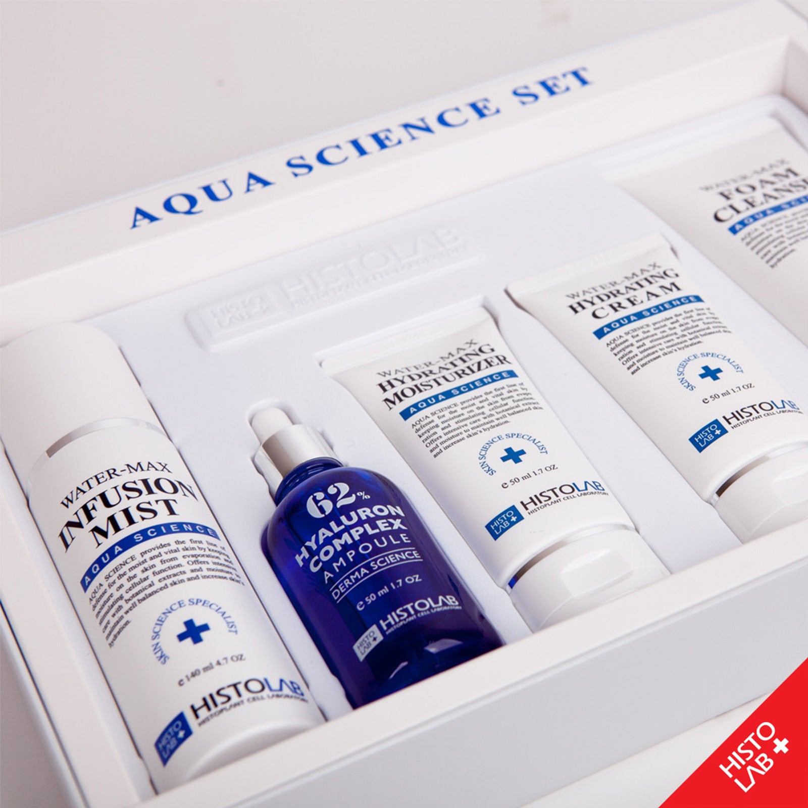 Inside view of HistoLab Aqua Science Set, featuring hyaluron ampoule, water-max foam cleanser, water-max infusion mist, water-max hydrating cream, and water-max hydrating moisturizer