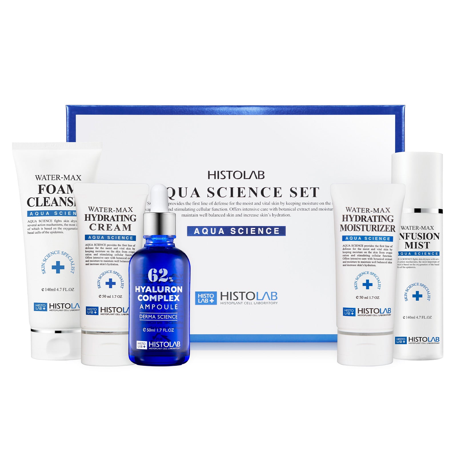 HistoLab Aqua Science Set featuring hyaluron ampoule, water-max foam cleanser, water-max infusion mist, water-max hydrating cream, and water-max hydrating moisturizer
