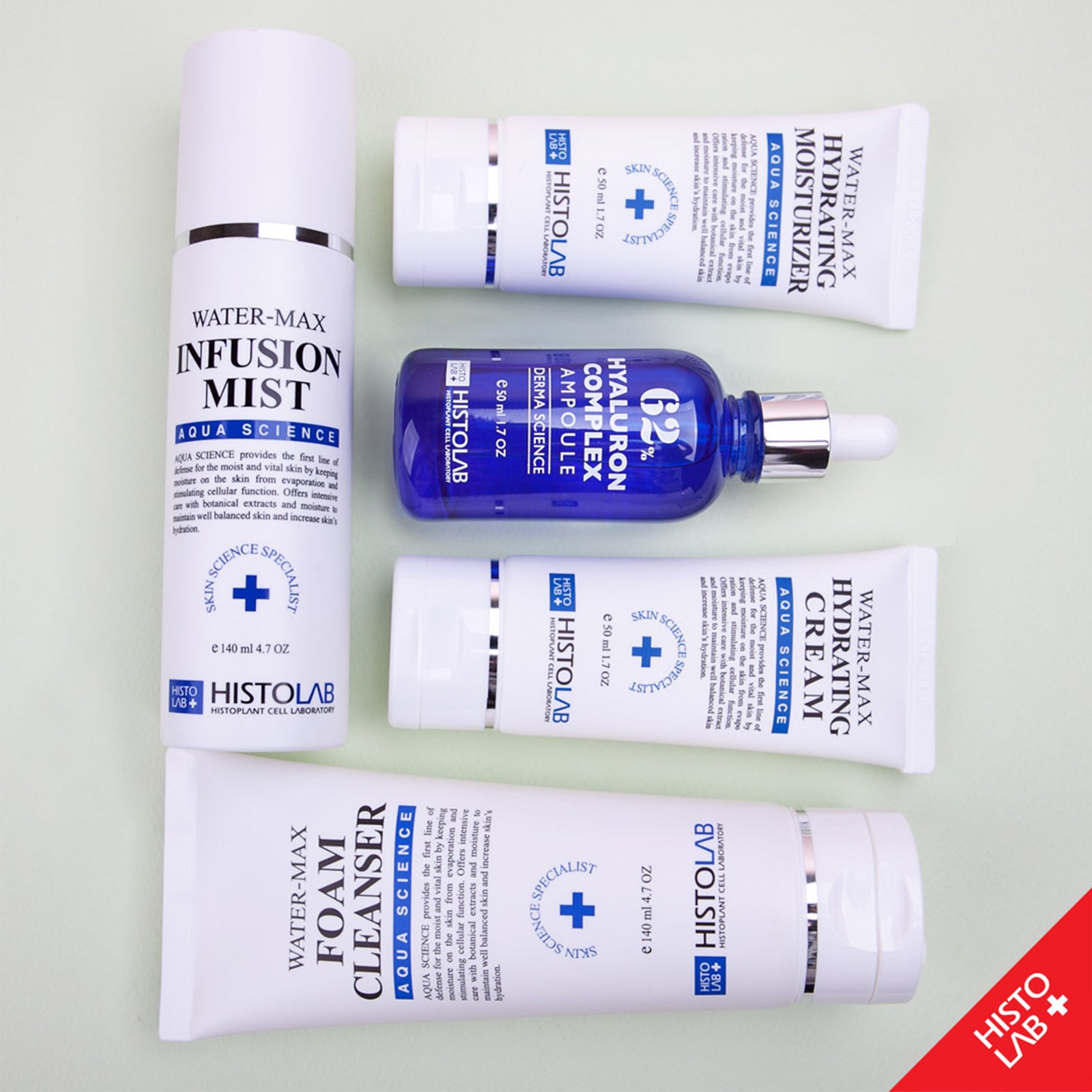 HistoLab Aqua Science skincare set with hyaluron ampoule, water-max foam cleanser, water-max infusion mist, water-max hydrating cream, and water-max hydrating moisturizer