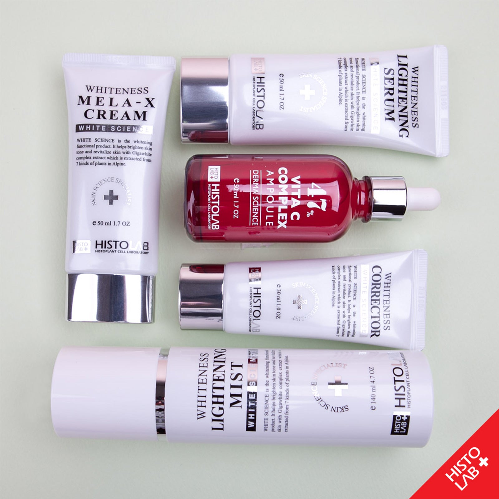 HistoLab White Science skincare set with Vita C complex ampoule, whiteness lightening serum, whiteness lightening mist, whiteness corrector, and whiteness MELA-X cream