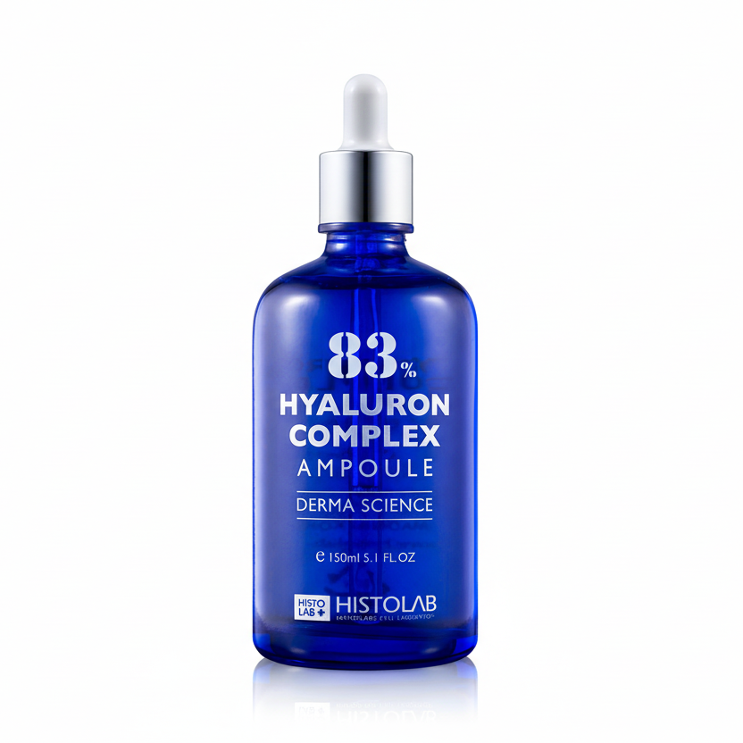 Blue bottle of 83% Hyaluron Complex Ampoule with Histolab branding on a white background