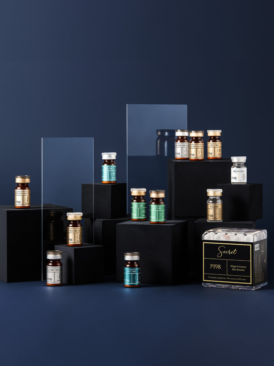 A styled product display of various supplement vials and a boxed product on black pedestals against a dark navy blue background. The products include amber glass bottles with gold, silver, and teal caps, and a clear box labeled 'Sveet PPS'.
