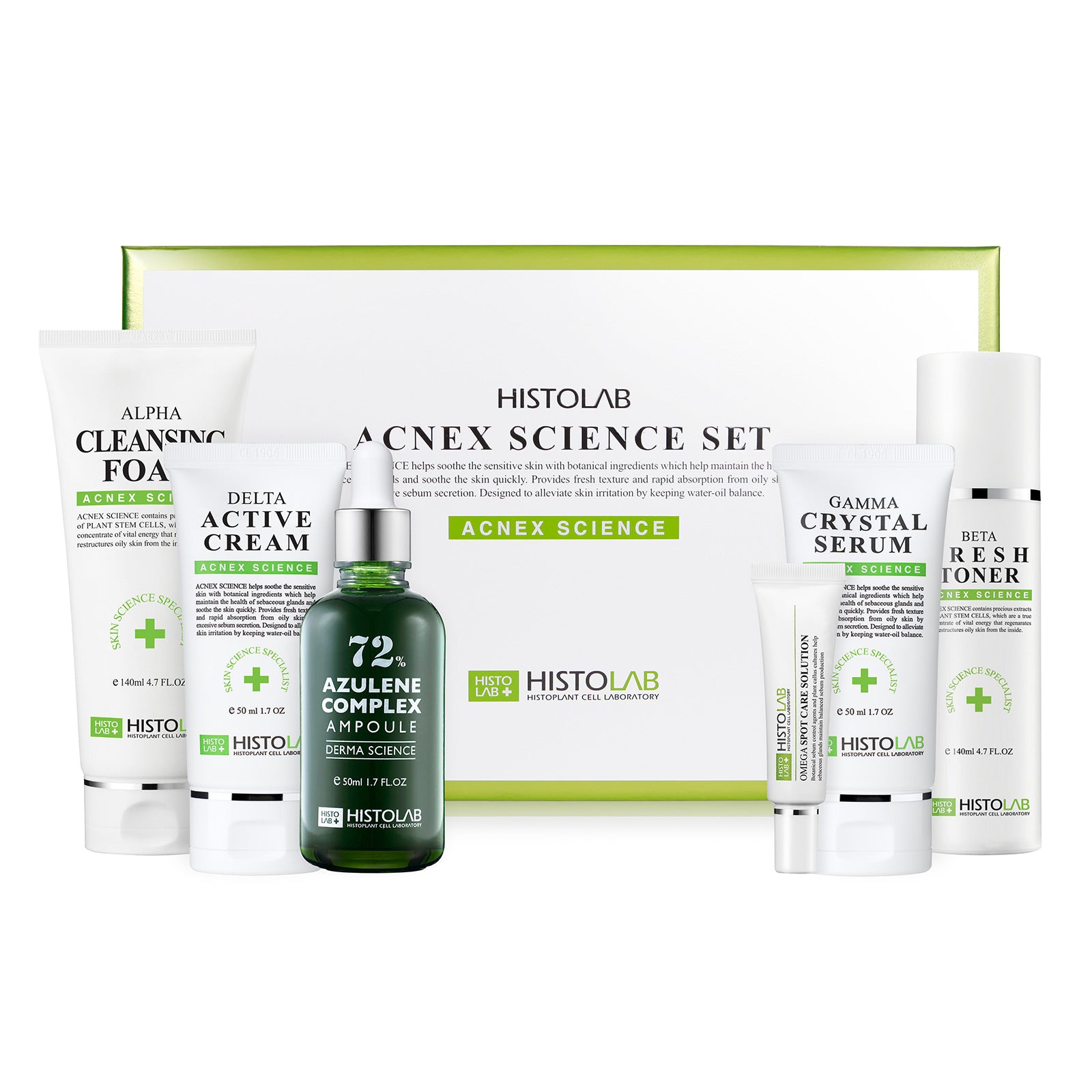 HistoLab Acnex Science Set for sensitive and acne-prone skin, including HistoLab Acnex Science skincare set with azulene complex ampoule, alpha cleansing foam, beta fresh toner, delta active cream, gamma crystal serum, and omega spot care solution