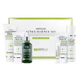 HistoLab Acnex Science Set for sensitive and acne-prone skin, including HistoLab Acnex Science skincare set with azulene complex ampoule, alpha cleansing foam, beta fresh toner, delta active cream, gamma crystal serum, and omega spot care solution