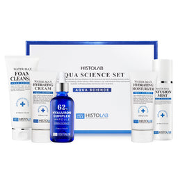 HistoLab Aqua Science Set featuring hyaluron ampoule, water-max foam cleanser, water-max infusion mist, water-max hydrating cream, and water-max hydrating moisturizer