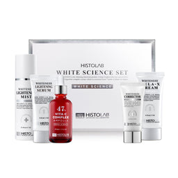 HistoLab White Science skincare set with Vita C complex ampoule, whiteness lightening serum, whiteness lightening mist, whiteness corrector, and whiteness MELA-X cream