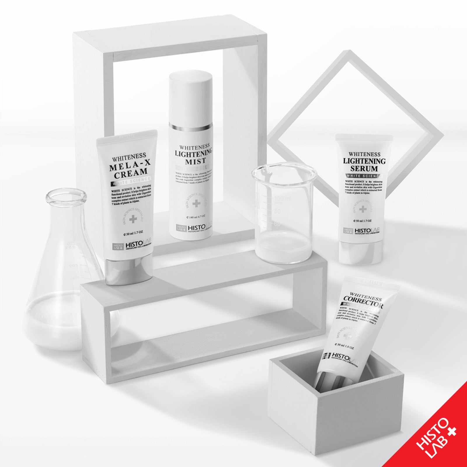 HistoLab White Science skincare set with Vita C complex ampoule, whiteness lightening serum, whiteness lightening mist, whiteness corrector, and whiteness MELA-X cream